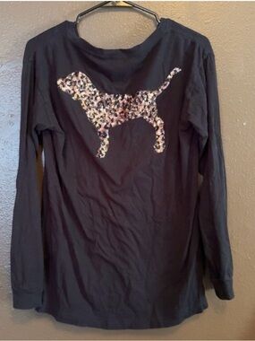 Woman’s PINK Black Long-Sleeve Top with Sequin Dog Graphic
